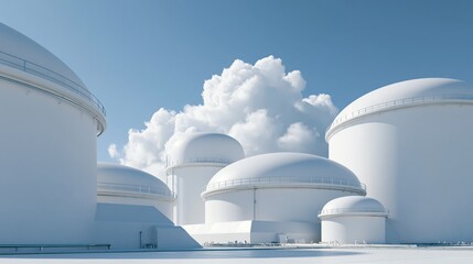 Fototapeta premium Clean Industrial Storage Tanks Under Blue Sky with Clouds in Modern Energy Facility