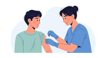 Obraz premium Healthcare worker giving vaccine injection to young patient in clinic flat illustration