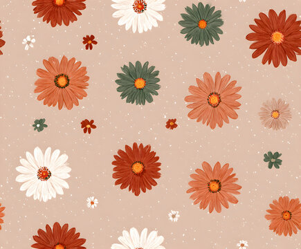 etro Autumnal Seamless Pattern with Muted Terracotta Orange and Dark Green Daisy Flowers on a Speckled Beige Background for Fall Decor