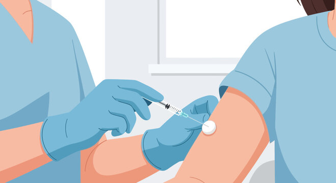 Healthcare worker giving vaccination injection to patient's arm, medical procedure
