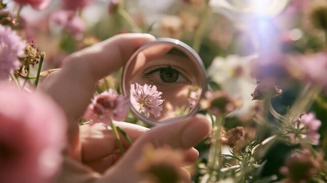 Hand holding small mirror reflecting human eye among blooming garden flowers, surreal vision and connection with nature