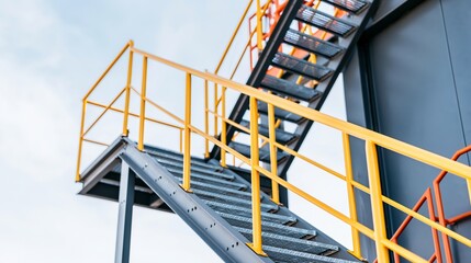 Naklejka premium Industrial metal staircase and yellow safety railings against a dark structure, illustrating modern architecture, construction and safety concepts