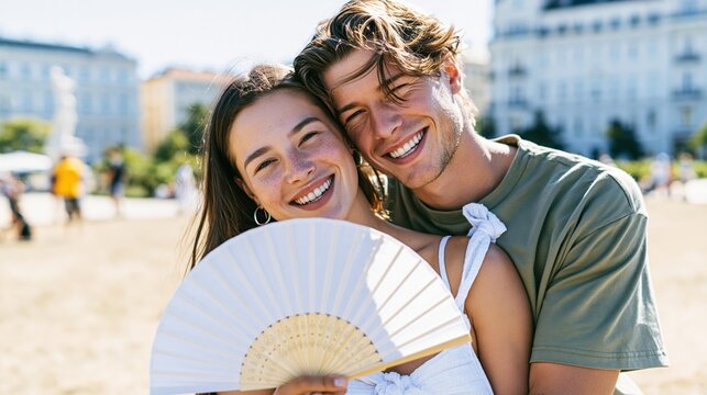 Young happy couple embracing, smiling to viewer in urban park, woman holding white fan, enjoying summer day