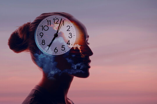 Inner clock and human biorhythms concept. Day and night sleep and wake. Clock inside woman head. Mental health.