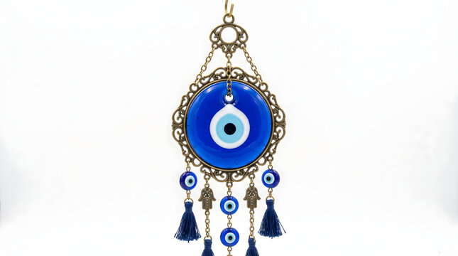 A traditional wall amulet made of blue glass featuring an image of the evil eye and a bronze hamsa pendant, a protective Eastern talisman. AI generated.