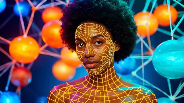 Woman with digital face grid and colorful spheres