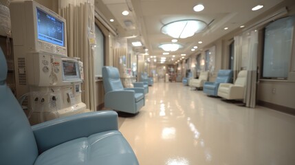 Fototapeta premium Linear layout of dialysis treatment floor capturing main dialysis machine in detail softly blurred chairs and medical staff in the background.