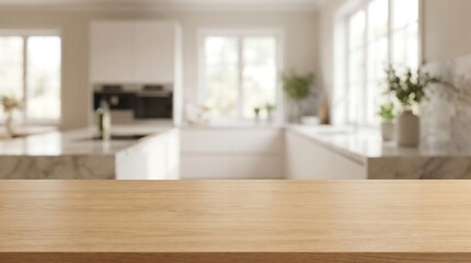 Fototapeta premium Wooden table top blurred kitchen interior background for product mockup display in bright modern minimalist house room