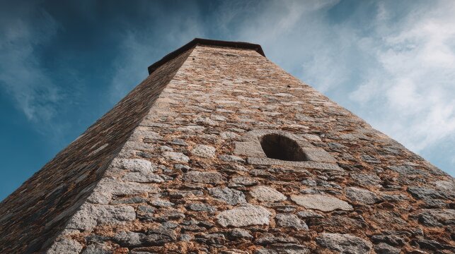 Ancient stone tower against a dramatic sky during daytime with a small window providing architectural detail