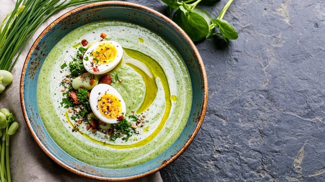 Healthy green cream soup with eggs, fresh herbs, and olive oil on a stone surface, gourmet food