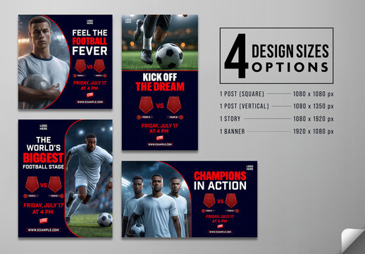 Editable Football Match Social Media Post and Banner Template Set with Professional Soccer Players and Shield Placeholders for Participating Teams.