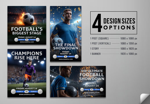 Editable Football Tournament Social Media Post and Banner Template Set with Professional Soccer Player in Stadium and Team Matchup Placeholders for Sports Event Promotion.