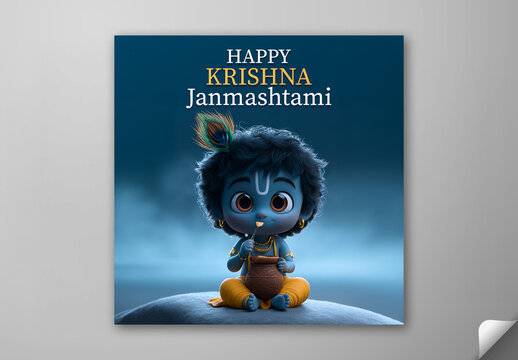 Editable Happy Krishna Janmashtami Greeting Card Social Media Post with 3D Cute Baby Krishna Eating Butter with Spoon from Earthen Pot on Blue Background.