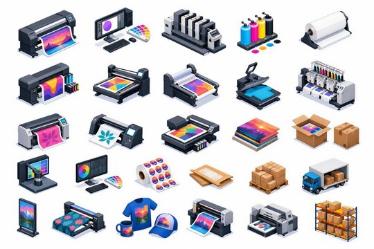 Set of isometric printing equipment and commercial print production tools