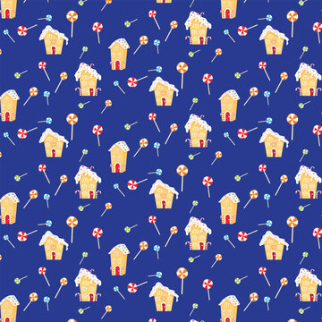 Christmas seamless pattern with gingerbread houses and candies on blue background.