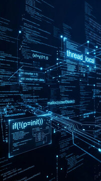 Glowing blue code and binary data stream on a dark background, representing digital information flow and technological advancement