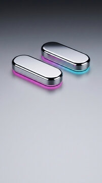 Sleek metallic oblong shapes with glowing pink and blue light bases, suggesting innovation and modern design, ideal for technology or futuristic concepts