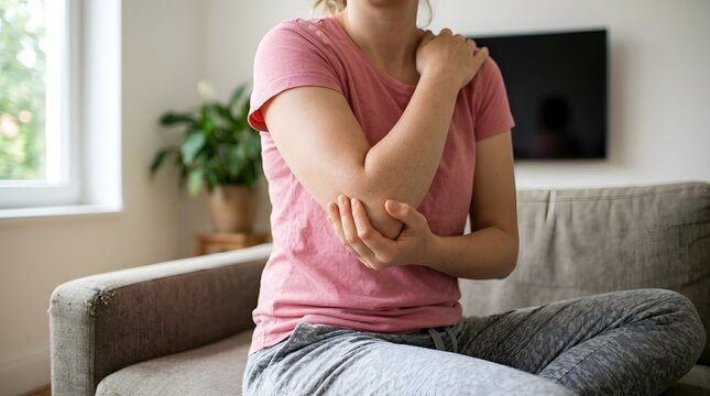 Young woman in pink shirt holding her painful elbow while sitting on a soft couch in a bright living room
