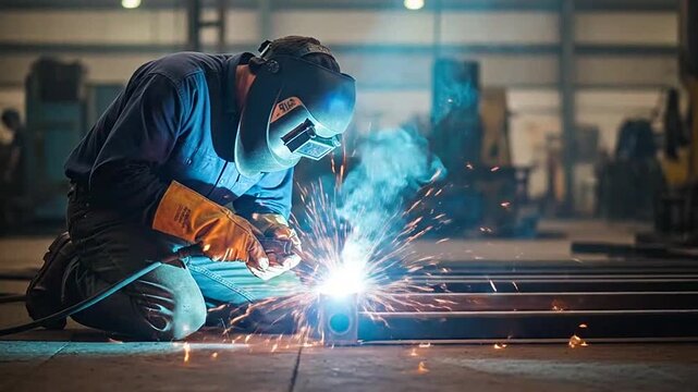 Professional welder fabricating metal parts in industrial workshop.