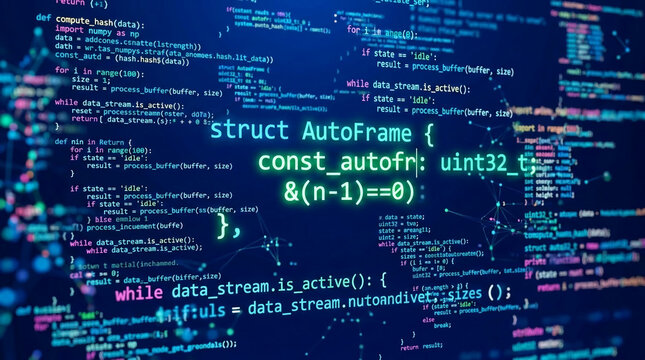 Glowing computer code displayed on a dark blue background with abstract network connections, symbolizing programming, technology, and digital data processing