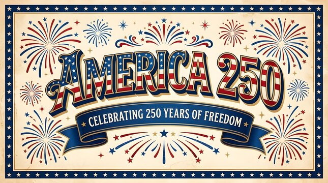 America 250 celebrating 250 years of freedom vintage style banner with fireworks and patriotic red white and blue typography on aged paper
