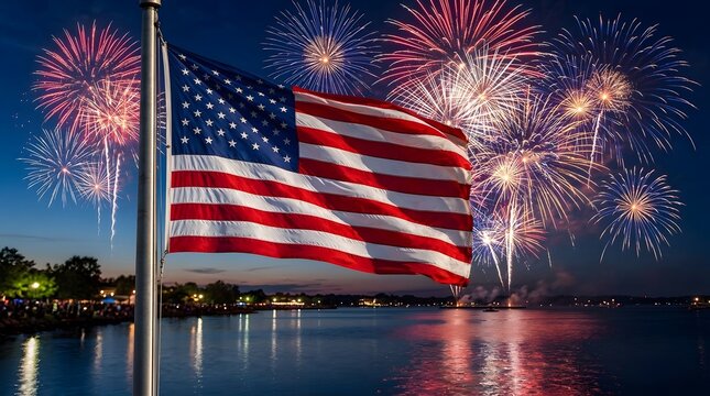 An american flag on a flagpole overlooking a calm body of water at night, illuminated by vibrant, colorful fireworks bursting in the dark sky