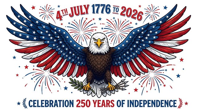 Bald eagle spreading wings with american flag pattern and fireworks background, celebrating 250 years, of independence from, 1776 to 2026 patriotic