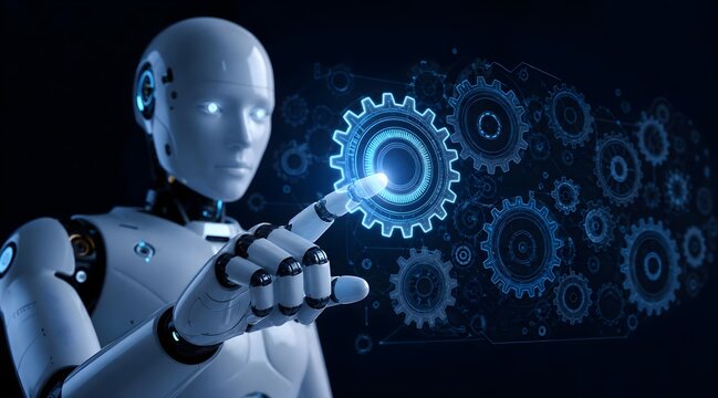 Artificial intelligence robot that touches the holographic screen of the gear system,The concept of artificial intelligence robots that are building new systems, operations or technologies 