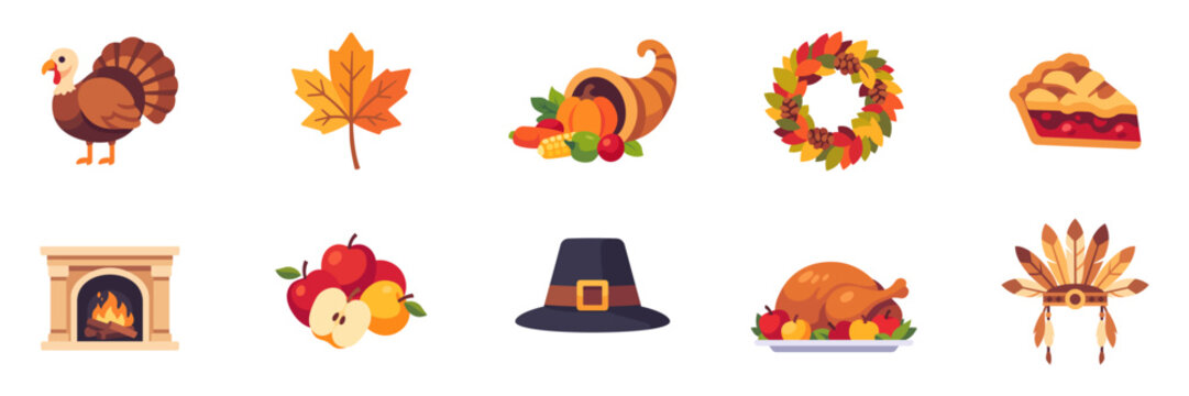 Set of Thanksgiving Day and autumn harvest icons with festive food, seasonal decorations, traditional headwear, turkey birds, and fireplace, colorful collection with illustrations