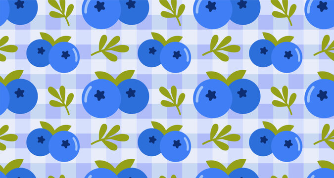 Seamless Pattern of Blueberries with Leaves Design on purple gingham pattern background