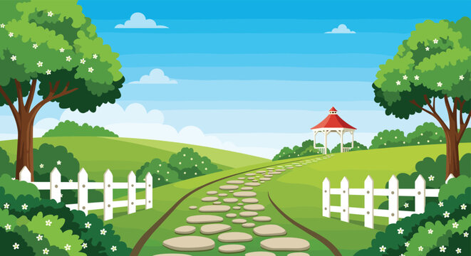 Scenic nature landscape with a stone path leading through green rolling hills to a charming white gazebo under a clear blue sky with fluffy clouds.