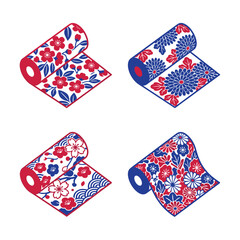Obraz premium Four Rolls Of Japanese Textile Fabric Featuring Traditional Red And Blue Floral Patterns On White