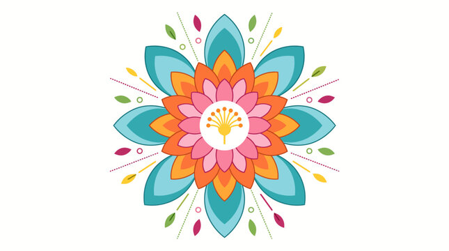 Mandala floral illustration features a symmetrical bloom with intricate petals and lush organic leaves in a balanced composition.