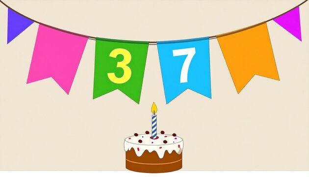 Festive Flag Garland and Cake with Number 37 for Birthday and Anniversary Party