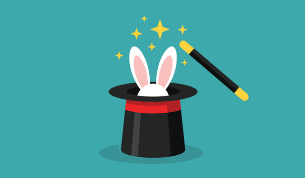 Magical rabbit appearing from a black top hat with a magic wand and sparkling yellow stars