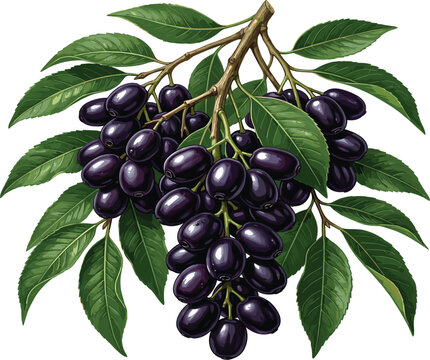 Fresh java plum bunch with green leaves, ripe jambolan black plum fruit branch vector illustration on white background