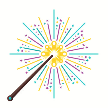 Magic wand sparkles with vibrant rays and stars to create a whimsical and celebratory atmosphere for digital projects.