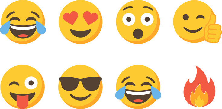 Modern emoji icon set with 8 flat vector elements, yellow smiley faces with various expressions, social media reaction symbols for digital communication