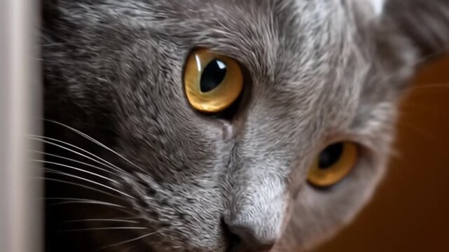 Close up of a domestic cat with striking yellow eyes looking at the camera