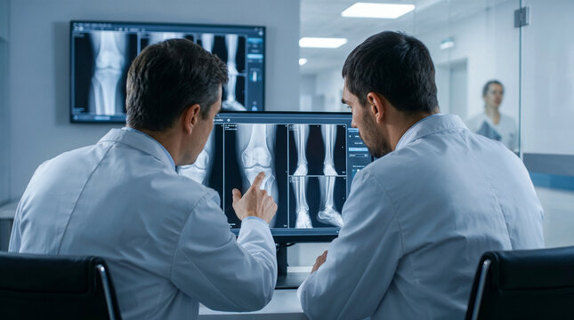 Doctors reviewing leg x-rays on medical monitors in hospital radiology room, orthopedic diagnosis and healthcare teamwork.
