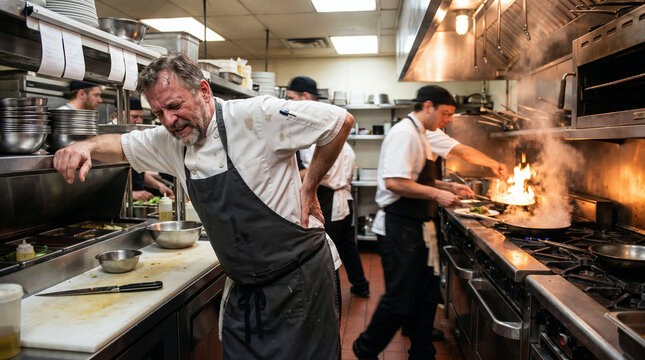 Chef suffering back pain during busy restaurant kitchen service with cooks, flames and workplace injury risk.