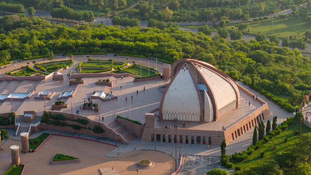 Aerial view of the Pakistan Monument, a national monument and heritage museum, surrounded by lush green gardens and paved plazas in Islamabad, Pakistan.