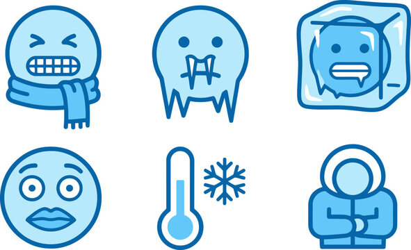 Freezing cold weather emoji set, blue winter icons for low temperature, shivering faces and ice cube vector graphics for climate forecast