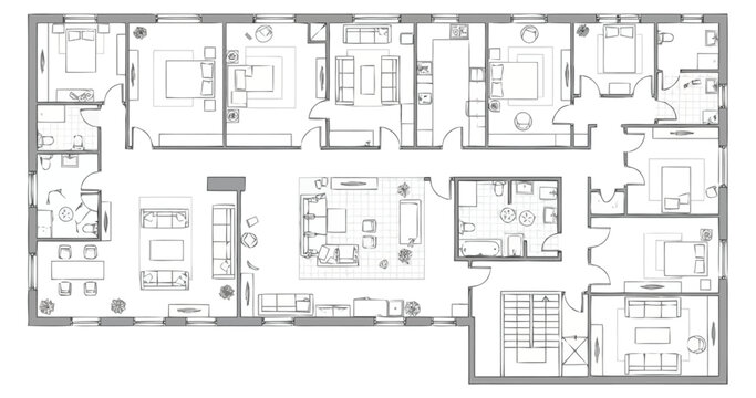 Architectural floor plan layout for a spacious residential building showcasing multiple rooms including bedrooms living areas dining spaces and essential facilities for comfortable home living
