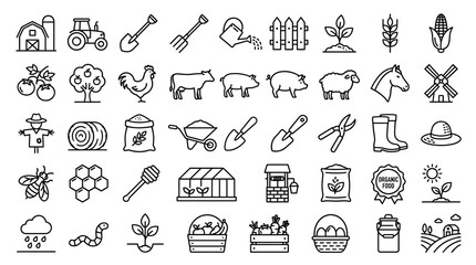 Naklejka premium Agriculture icons represent farming tools, livestock, and rural infrastructure in a comprehensive set.
