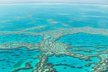 Aerial photo of The Great Barrier Reef, Australia, showing shades of vibrant tropical blues of crystal clear waters, exposing epic scale of reef. © Eugene