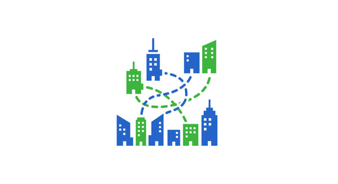 Smart city network icon featuring urban connectivity with buildings linked by communication lines for digital infrastructure