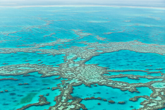 Aerial photo of The Great Barrier Reef, Australia, showing shades of vibrant tropical blues of crystal clear waters, exposing epic scale of reef.