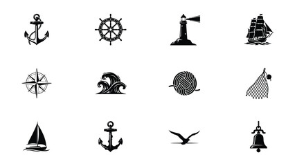 Nautical navigation equipment icons with anchors ship wheels lighthouses and sailboats set. © Somiran