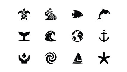Fototapeta premium Set of marine icons with aquatic life and sea elements for creative design projects usage.